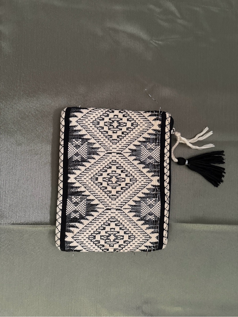 Black and Cream Woven Tassel Zip Pouch